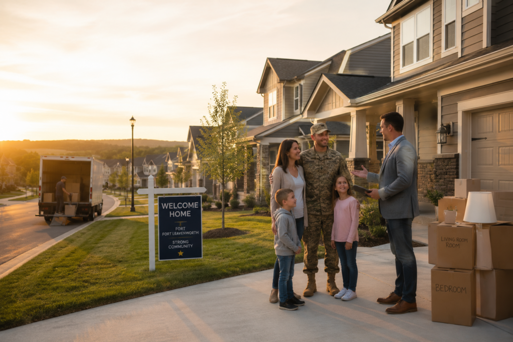 Military family and realtor in front of a Fort Leavenworth home during a PCS move.