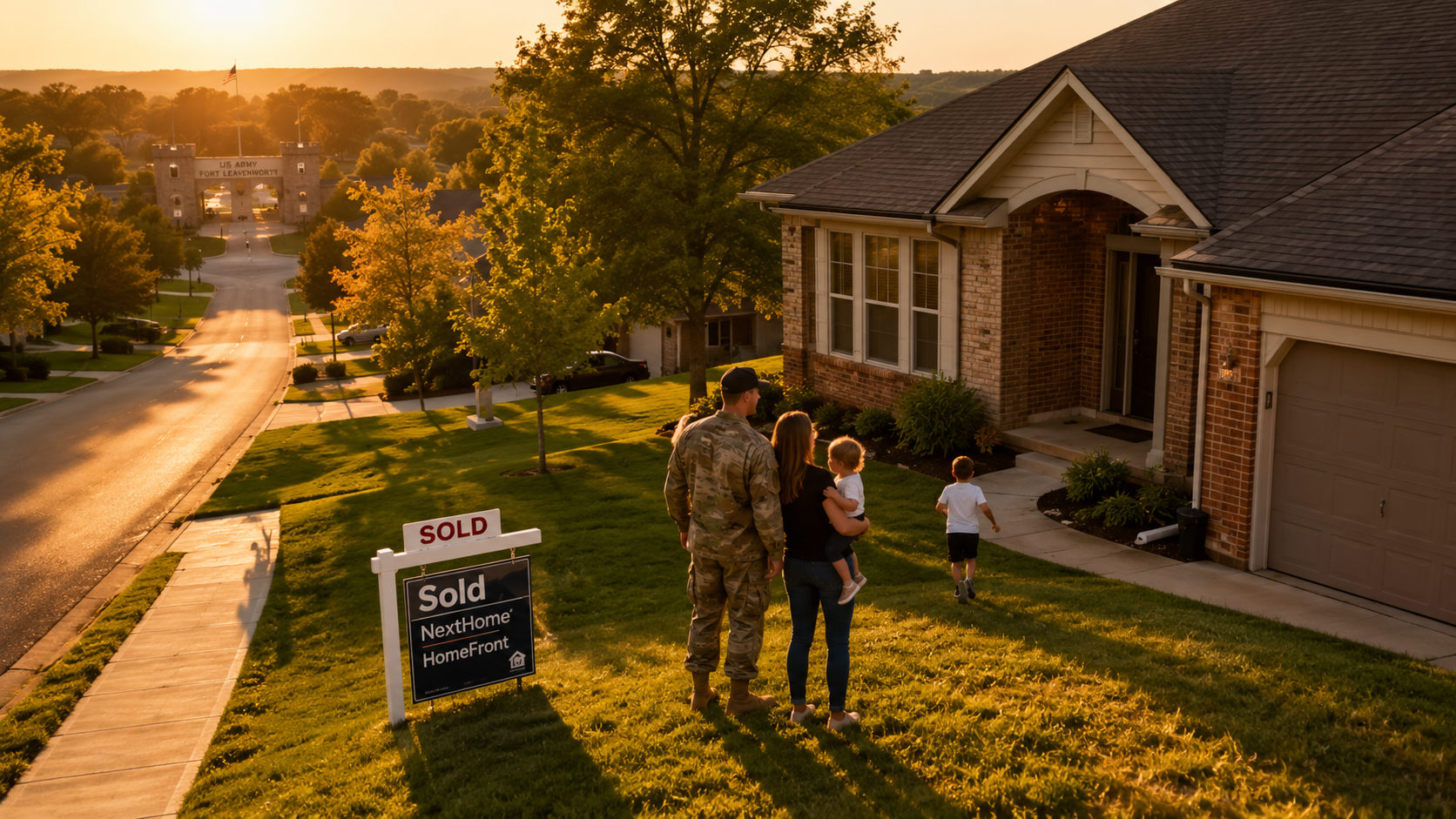 Military family in front of sold home in Lansing, KS, near Fort Leavenworth