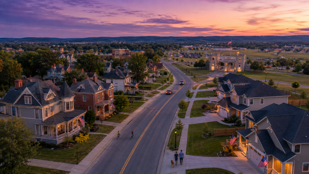 Aerial view of Leavenworth, Kansas homes and Fort Leavenworth gate at sunset, VA loan friendly neighborhoods.