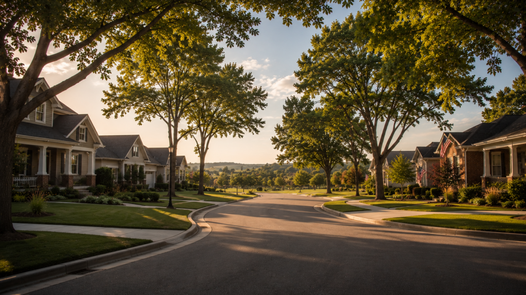 Residential street scene in Lansing, Kansas, showcasing homes for military families and PCS relocation.