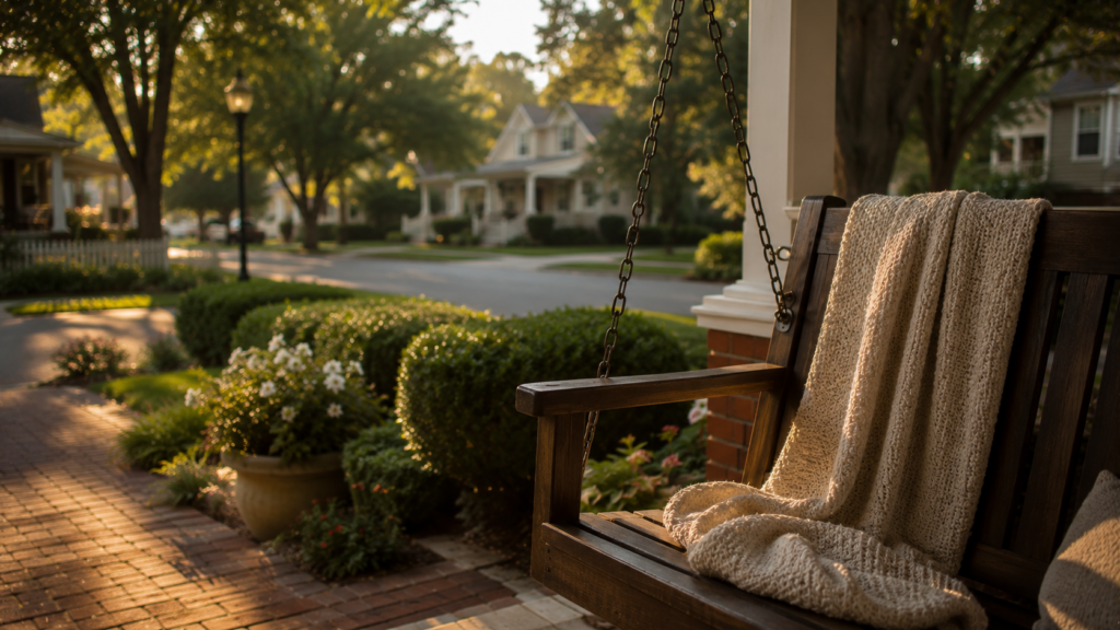 Porch swing and well-maintained home in Lansing, Kansas, representing military family community.