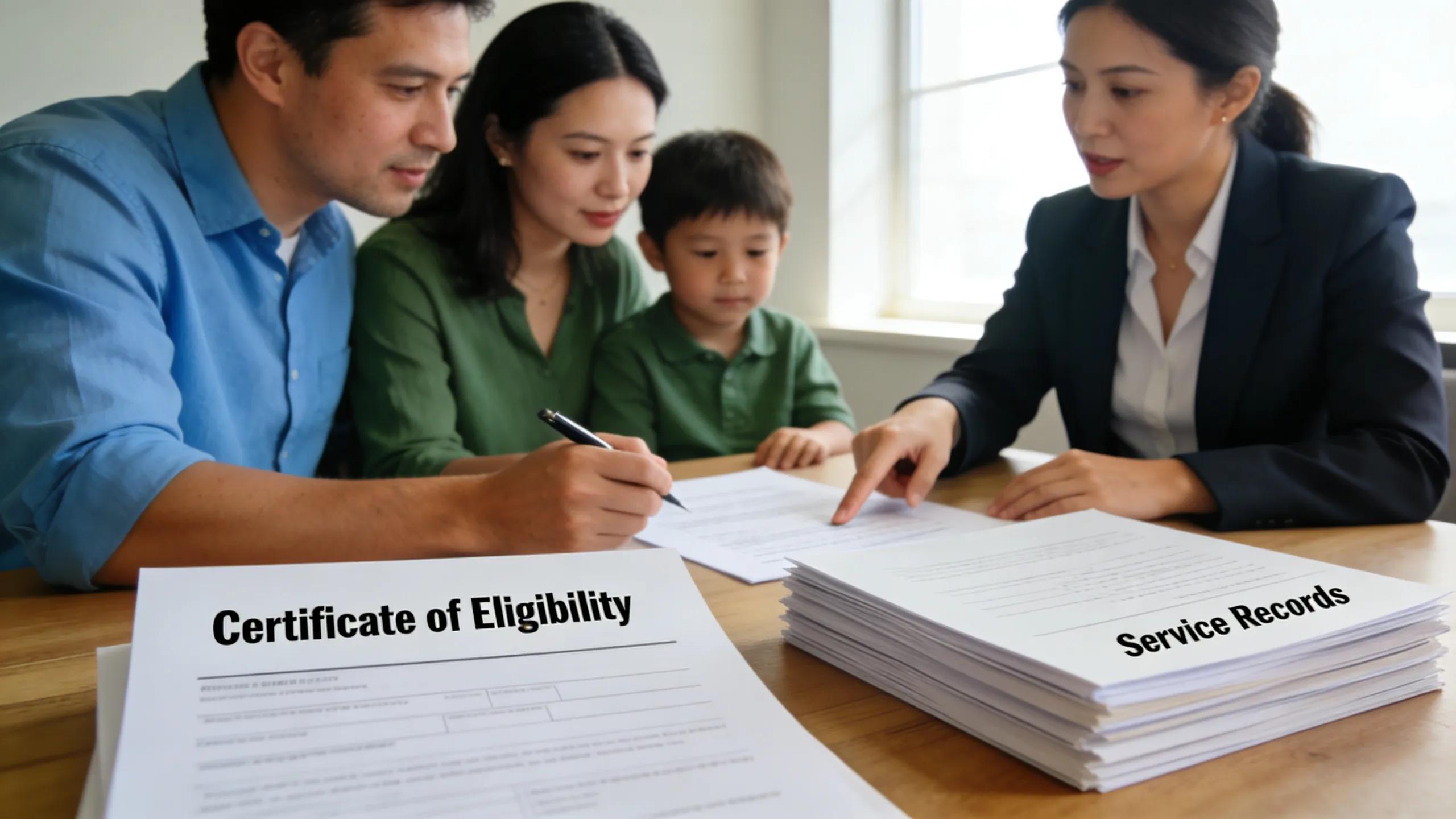 Military family reviewing VA loan eligibility documents with a realtor