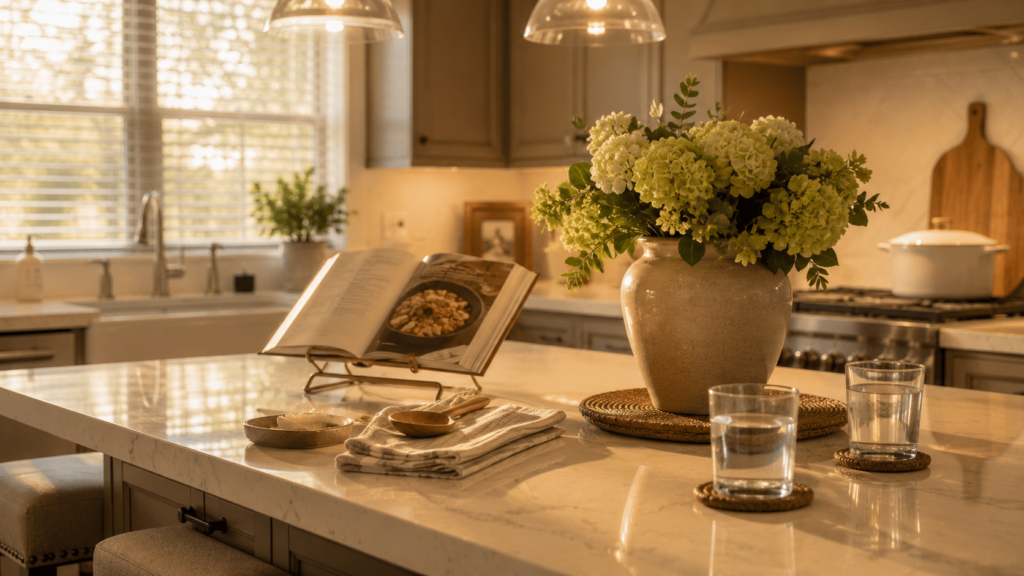 Well-staged kitchen island with flowers and cookbook, preparing a home for PCS sale in Leavenworth.