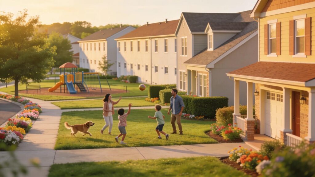 Family playing in a Fort Leavenworth neighborhood with children and a dog.