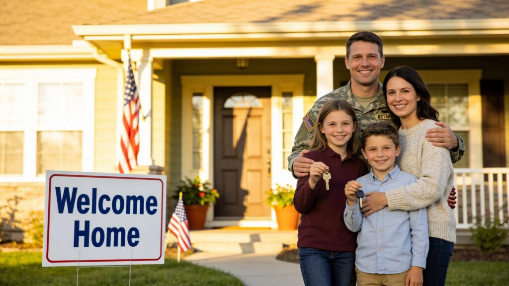 Military family in front of new home with keys and "Welcome Home" sign, Kansas City area.