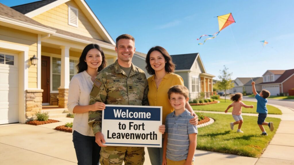 Military family and service member welcoming visitors to Fort Leavenworth, Kansas.